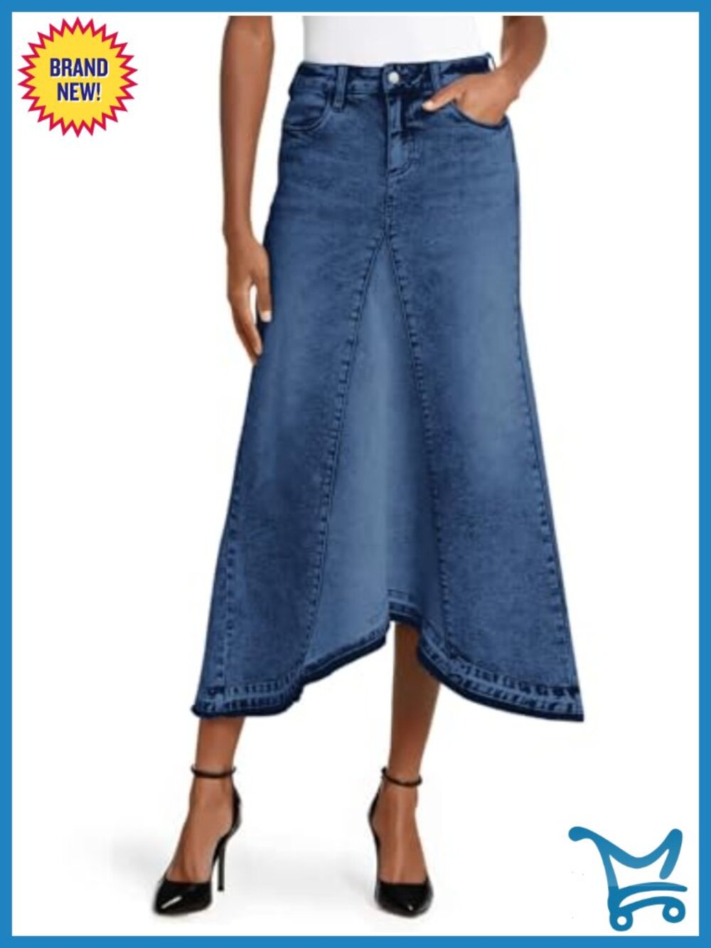 High Waist A-Line Denim Maxi Skirt Fringed Frayed Hem Asymmetric Jean